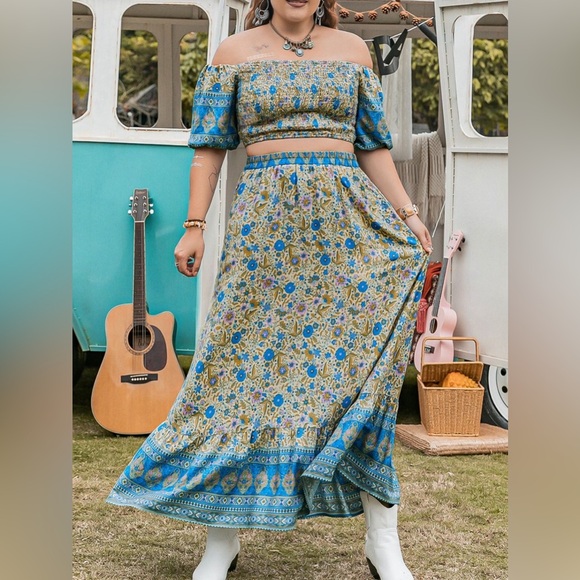 Plus size off shoulder top maxi skirt two piece skirt set - Picture 4 of 7